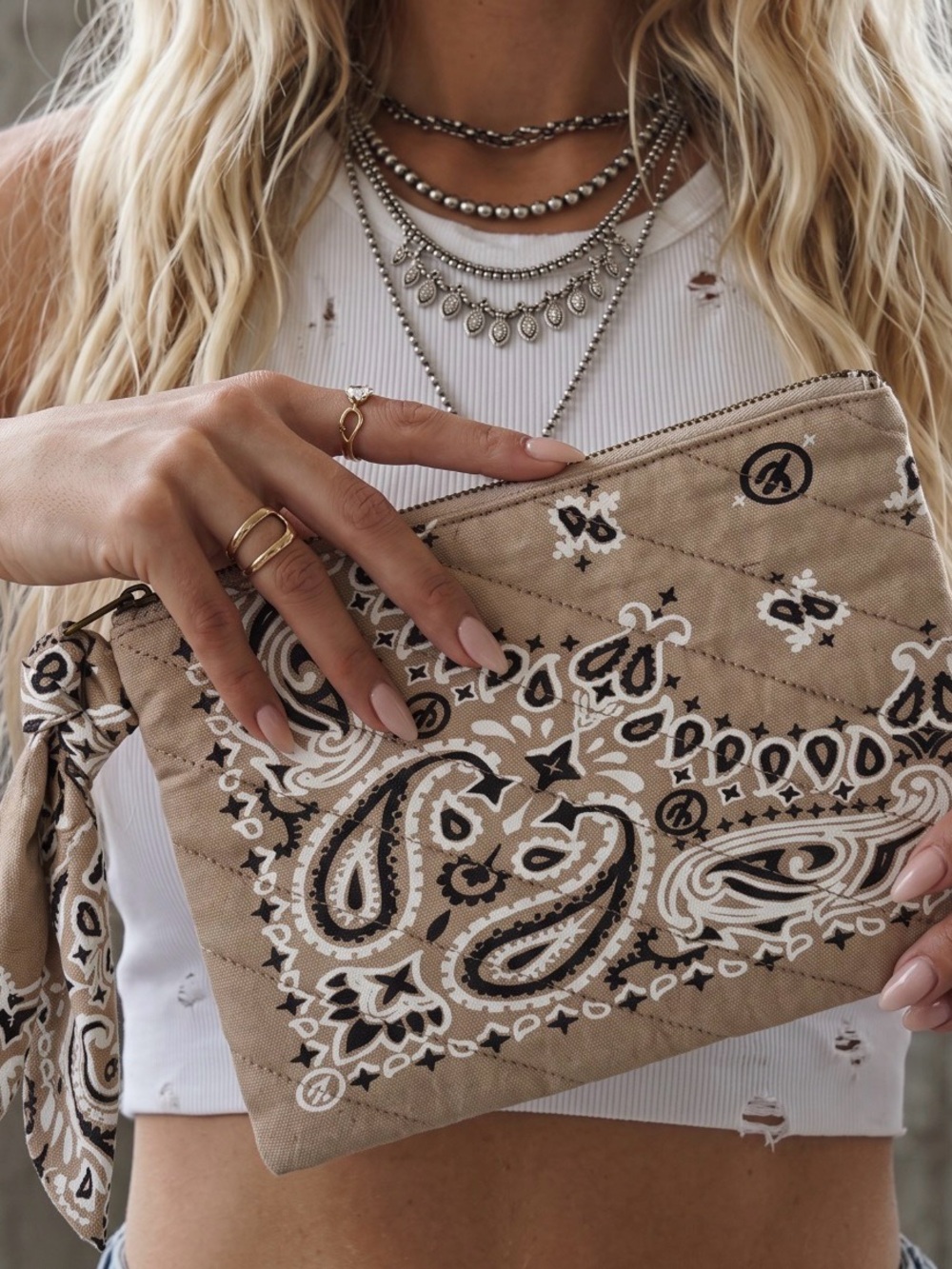 NWT Panache Bandana Boho Paisley Print Clutch Handbag Purse Tan - Picture 3 of 6